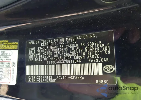 2007 Toyota Camry Le z USA, uszkodzony, nr VIN 4T1BE46K37U614646